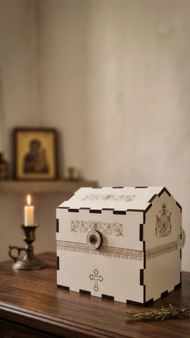Kutija za čuvanje trakice osveštane sa pojasa Presvete Bogorodice - Dekoracija doma u Šabac, Laser art centar